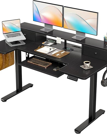 OffiGo U Shaped Electric Standing Desk with Drawers, 55 Inch Height Adjustable Desk with Keyboard Tray ＆ Ergonomic Monitor Stand, Sit Stand Table with Power Outlets for Home, Office, Black