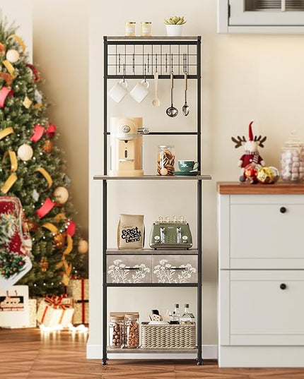 GiftGo Small Coffee Bar Station Narrow Corner Baker Rack Stand with 2 Storage Fabric Drawers 5 S Hooks for Small Spaces Farmhouse Bakers Rack for Kitchen, Entryway, Living Room (Grey, Narrow)
