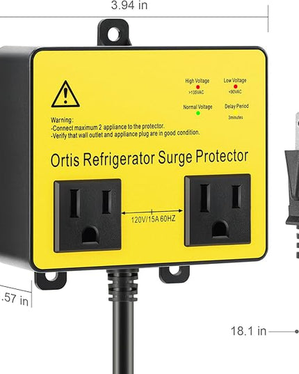Refrigerator Surge Protector, Ortis Double Outlet Voltage Protector for Home Appliances with Time Delay, 5ft Power Cord, Protects Against Brownout, Spike, Instant Surge All Voltage Abnormalities