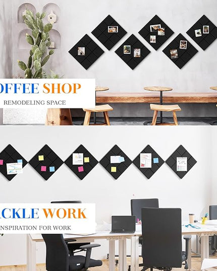 DOLLAR BOSS Felt Cork Board Tiles, 6 Packs 12" x 12" 1/2" Thick Bulletin Board Adhesive Acoustic Panels Soundproof Corkboards for Walls with 60 Pushpins for Home Office Kitchen School, Grid