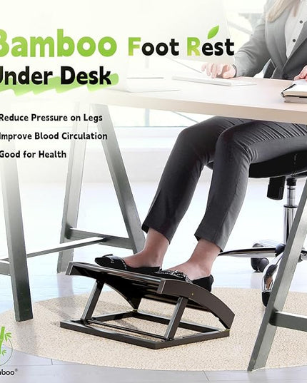 Foot Rest for Under Desk at Work - Adjustable Black Bamboo Footrest for Office and Couch