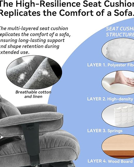 Efomao Executive Office Chair, Soft-Cushioned Computer Chair with Foot Rest, Fabric Home Office Desk Chairs, Big and Tall Office Chairs, Grey