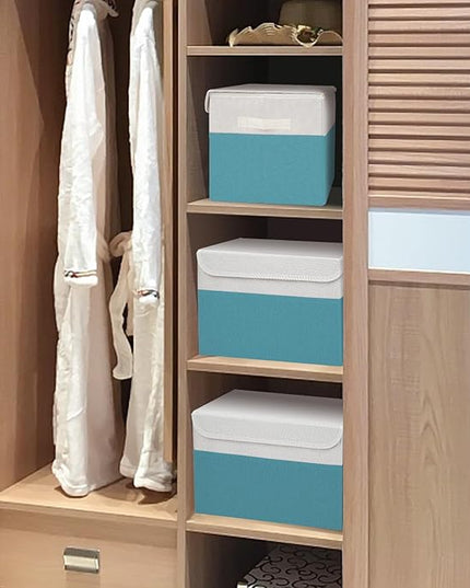 Large 17" 42 Quarts Collapsible Stackable Storage Bins with Lids [3-Pack] Foldable Fabric Linen Storage Boxes Cube, Closet Organizer Baskets with Label for Home (16.7 x 12 x 12", Teal & White)