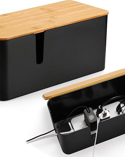 ZhiYo Bamboo Lid Cord Organizer Box, 2Pack Large Cable Management Box, Safe ABS Wire Organizer for TV and Computer, Wood Cover Cord Hider to Hide Wires, USB Hub & Under Desk Power Strip, Black