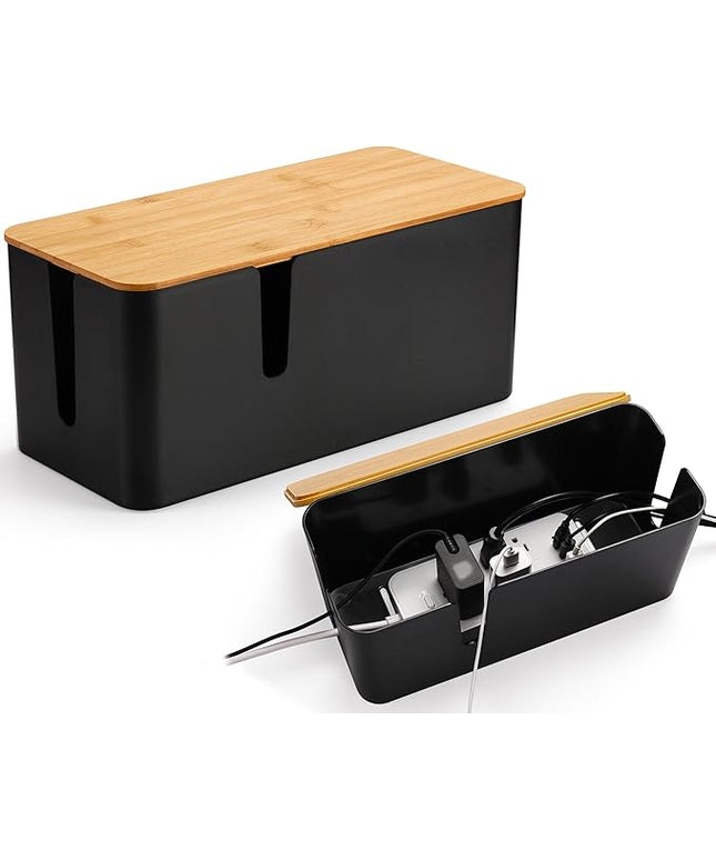 ZhiYo Bamboo Lid Cord Organizer Box, 2Pack Large Cable Management Box, Safe ABS Wire Organizer for TV and Computer, Wood Cover Cord Hider to Hide Wires, USB Hub & Under Desk Power Strip, Black