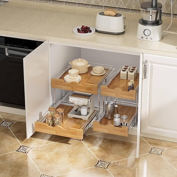 OCG Pull Out Cabinet Organizer 14" W x 21" D, 2 Tier Slide Out Shelf, Heavy-Duty Pull Out Drawer for Cabinets, Base Cabinet Organization for Kitchen, Pantry, Bathroom