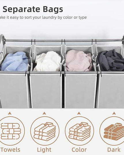 STORAGE MANIAC Laundry Sorter with Hanging Bar, Portable, Removable Laundry Hamper Cart with Heavy Duty Rolling Lockable Wheels and Removable Bags, Rolling Laundry Basket Organizer 181L, 4 Section