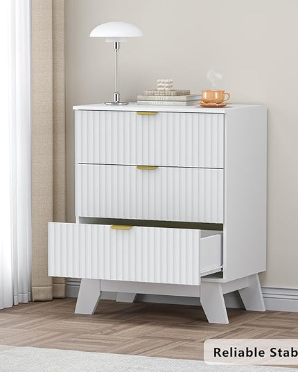 BORNOON Fluted 3 Drawer Dresser, 30.3" Tall Compact Modern Boho Chest of Drawers, Wooden Storage Cabinet for Bedroom, Living Room, Entryway, Curved Profile Design