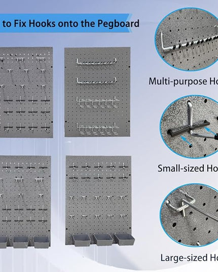 JZD Pegboard Wall Organizer with 116 Pcs Hooks Heavy Duty Metal Pegboard Kit with 1/4" Pegboard Hooks Accessories 4 Pack Metal Pegboard Kit 66" x 24" for Garage, Tool Storage,Craft Room