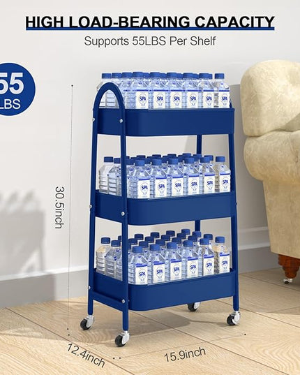 EAGMAK 3 Tier Utility Rolling Cart, Metal Storage Cart with Handle and Lockable Wheels, Multifunctional Storage Organizer Trolley with Mesh Baskets for Kitchen, Living Room, Office, Garage (Indigo)