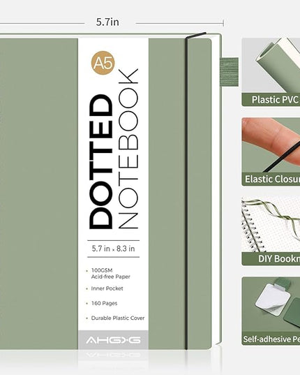 AHGXG Bullet Dotted Journal - Dot Grid Spiral Notebook A5, 160 Pages, 100 GSM Thick Paper, Waterproof Plastic Cover Journals for Bullet Journaling, Sketching, 5.7" x 8.3", Sage Green