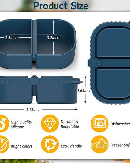 3 Pack Reusable Silicone Snack Containers with Lids, Meal Prep Containers 2 Compartments, Portable Silicone Food Storage Box for Picnic, Lunch, Office (3)