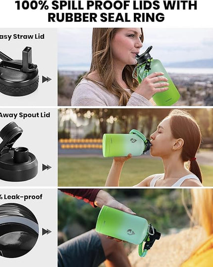 Insulated Water Bottle 64 oz, Triple Wall Vacuum Stainless Steel (Cold for 48 Hrs), Leak Proof & Non-BPA, Half Gallon Water Flask Jug with Paracord Handle & Straw Spout Lids