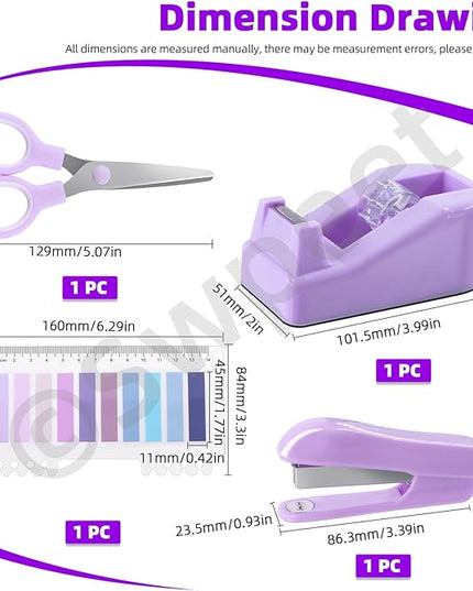 Swpeet 9Pcs Purple Office Supplies Kit, Desk Accessories Including Stapler, Tape Dispenser, Staple Remover, Tabs, Scissors, Staples, Tape, Clips and Sticky Note Ideal for Office and School