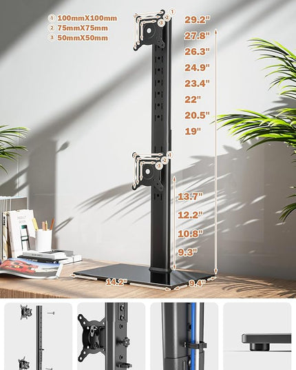 Dual Monitor Stand - Vertical Stack Screen Free-Standing Monitor Riser Fits Two 13 to 34 Inch Screen with Swivel, Tilt, Height Adjustable, Holds One (1) Screen Up to 44Lbs