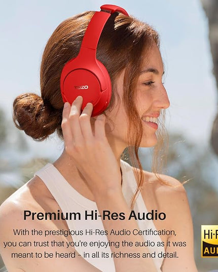 TOZO HT2 Hybrid Active Noise Cancelling Headphones, Wireless Over Ear Bluetooth Headset, 60H Playtime, Hi-Res Audio Custom EQ via App Deep Bass Comfort Fit Ear Cups, for Home Office Travel Red