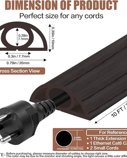 Floor Cord Cover Self Adhesive Cord Hider,10FT Cable Management, Extension Strip Protector for Wires, Prevent Cable Trips for Offices, Gyms, Exhibitions Cavity:0.3"(W) x 0.28"(H) Black Wood