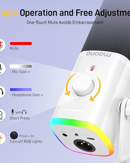 MAONO Dynamic Gaming Microphone: USB XLR Dynamic Computer Microphone with Software-RGB PC Mic for Gamer-Podcast Mic for Streaming Recording Studio YouTube Content Creation Online Chat PD100X (White)