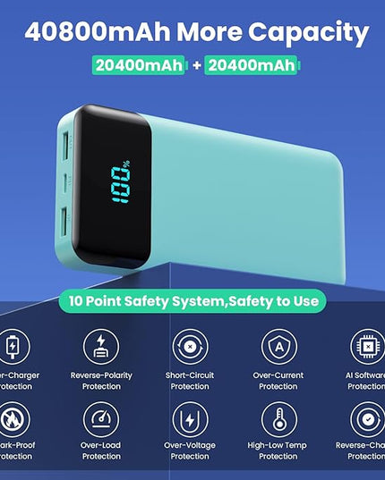 Portable Charger 40800mAh Power Bank with 3 Built-in Cables,PD 25W USB C in&Out Power Bank Fast Phone Charging,QC4.0 5 Outputs Travel Camping Essential Battery Pack for iPhone 17/16,Samsung etc-Green