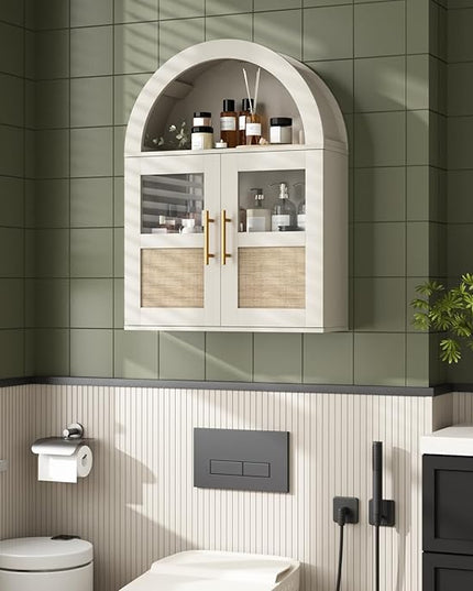 RUSTOWN Arched Bathroom Wall Cabinet, Rattan Medicine Cabinet with 2 Glass Doors, Farmhouse Over The Toilet Storage Cabinets with Adjustable Shelves, 3-Tier Wall Mounted Cabinets