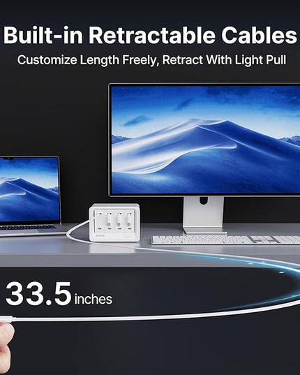 Gitryin 12-in-1 Desktop Charging Station with 3 Retractable Type-C Chargers and 1 Lightning Charger, 40W USB-C Power Strip with 33.5in Cable, Extension Cord with 1020J Surge Protection for Home Office