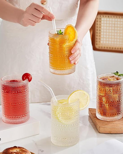 Vintage Hobnail Drinking Glasses Set of 12, 15oz Textured Tumblers - Embossed Clear Bar Glasses for Cocktails, Beer, Whiskey, Dishwasher-Safe Highball Cups for Kitchen, Juice & Mixed Drinks