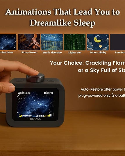 Dekala AuraDot White Noise Sound Machine for Sleep Temperature Humidity Monitor, 30 Non-Loop Soothing Sounds, Timer/Play All Night, Animationed Sleep Screen, 7-Day Programmable 4 Alarm Clock Black
