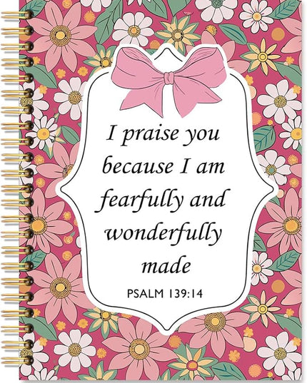 I Praise You Because I am Fearfully and Wonderfully Made Spiral Notebook, Coquette Floral Christian Notebook for Women Girls, Pink Bow School Supplies, Preppy Bible Gifts for Coquette Bow Lover