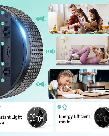Digital Kitchen Timer, Large Display Magnetic Countdown Countup Timer, 3 Preset Times (5, 15, 25),Volume & Brightness Adjustable for Cooking Classroom Studying, Easy for Kids (Black,2Pcs)