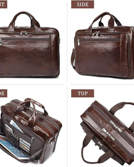 Augus Leather Briefcases for Men, Waterproof Travel Messenger Duffle Bags 17 Inch Laptop Bag YKK Zipper (cofee-1)