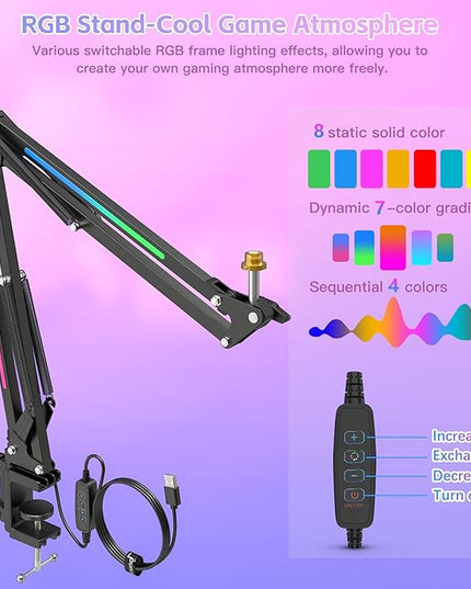 ZealSound RGB Microphone Arm Stand,Mic Arm with RGB Light for QuadCast/Blue Yeti/Snowball/Shure SM7B/Rode NT1/Elgato,Rotatable Suspension Boom Scissor Stand for Gaming Streaming Podcasting YouTube