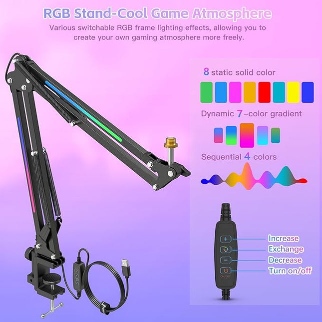 ZealSound RGB Microphone Arm Stand,Mic Arm with RGB Light for QuadCast/Blue Yeti/Snowball/Shure SM7B/Rode NT1/Elgato,Rotatable Suspension Boom Scissor Stand for Gaming Streaming Podcasting YouTube