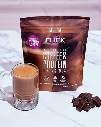 Click Coffee Protein, Protein & Real Coffee All-in-One, Meal Replacement Nutrition Drink, Mocha Flavor, 23 Essential Vitamins, Double Shot Espresso Coffee, Hot or Cold, 15.8-Ounce