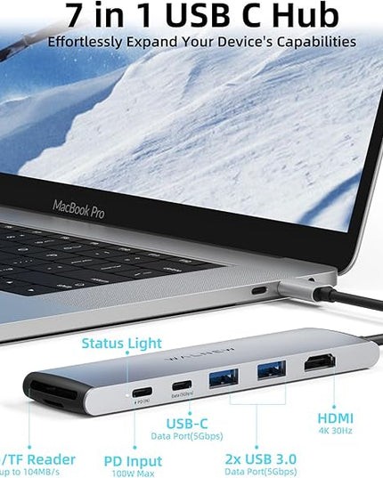 USB C Hub, WALNEW 7 in 1 USB-C Docking Station with 4K HDMI,100W PD, 3 5Gbps Data Ports(1 USBC & 2 USB 3.0),TF/SD Card Reader, USB Hub for Laptop, MacBook Pro/Air/Mac/Dell/HP/ASUS/Acer/Steam Deck
