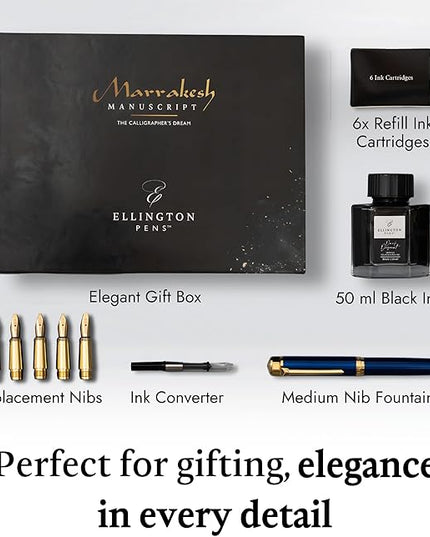 Ellington Pens Luxury Calligraphy Set - Premium Fountain Pen with 6 Nibs, 50 ml Black Ink Bottle, 6 Cartridges, Converter, Elegant Gift Box – Perfect for Drawing, Writing, Gifting (Nautilus)