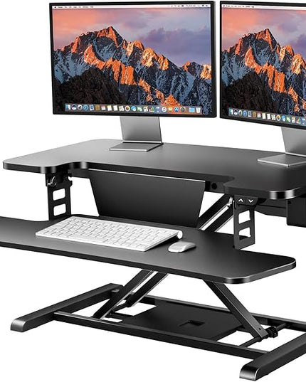 SANODESK 32" Electric Standing Desk Converter,Height Adjustable Riser for Office Home, Monitor and Laptop Workstation with Large Keyboard Tray, Black Color