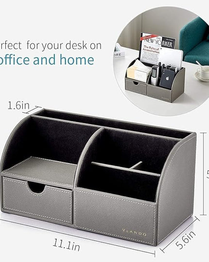 Vlando Office Desk Organizer Leather Desktop Organizer Caddy with Drawer for Storing Desktop Supplies and Accessories (Grey Set)