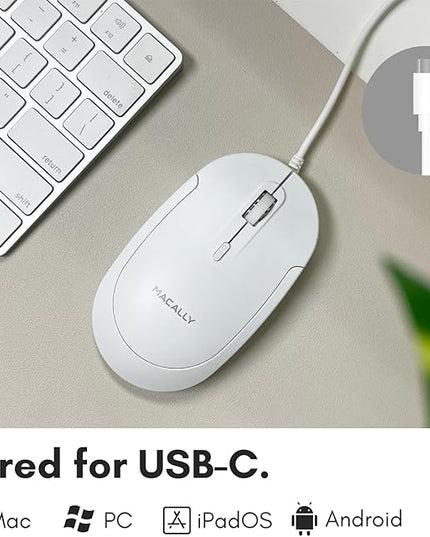 Macally Wired USB C Mouse for Mac and PC - Slim, Quiet, and Reliable - Type C Mouse for MacBook Pro/Air, iMac, Apple iPad, Laptop, Computer Desktop with 3 Button, Scroll Wheel, USBC, and 4 DPI Mode