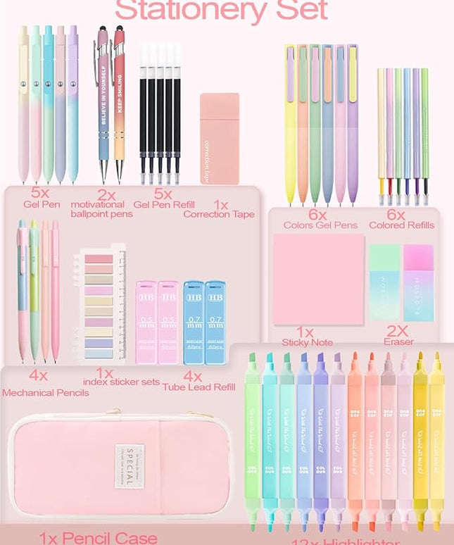 53PCS Aesthetic School Supplies with Large Pencil Case,12 Pastel Highlighters,5 Black & 6 Color Ink Gel Pens,2 Inspirational Stylus Ballpoint Pens,4 Mechanical Pencils 0.5-0.7mm Student Essentials