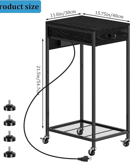 2 Tier Computer Tower Stand with Drawer, CPU Holder Stand with Charge Station and USB Charging Port, Printer Cart with Wheels for Home Office Fax, Black