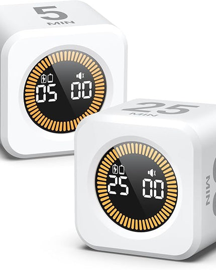 KADAMS Pomodoro Cube Timer Productivity Visual Timer - 5/10/25/50 Min Rotating Countdown, Customize Countup Silent Mode- for Work Study Cook Workout Kitchen Back to School Classroom (White, 2 Pack)