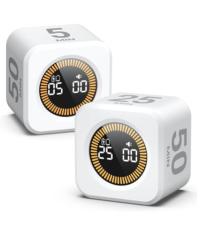KADAMS Pomodoro Cube Timer Productivity Visual Timer - 5/10/25/50 Min Rotating Countdown, Customize Countup Silent Mode- for Work Study Cook Workout Kitchen Back to School Classroom (White, 2 Pack)