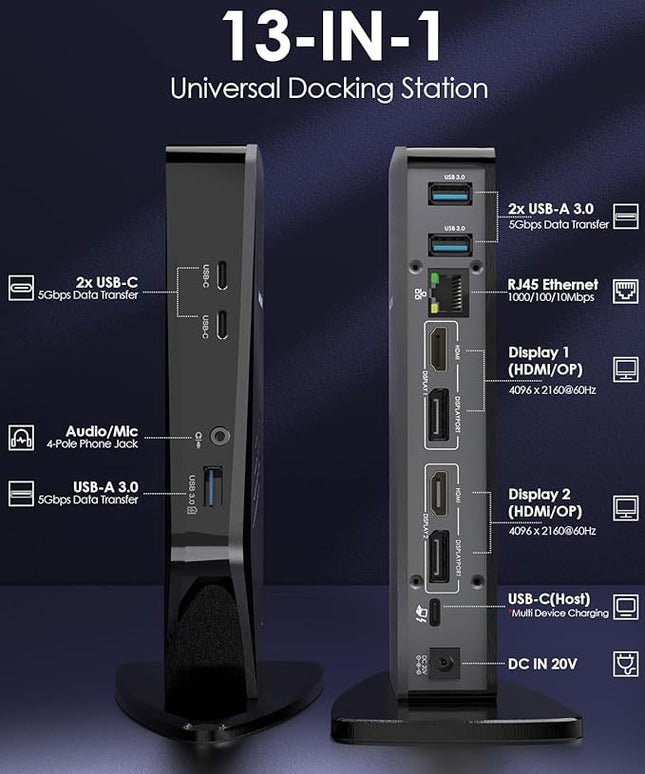 WAVLINK USB 3.0 and USB-C Universal Laptop Docking Station with 65W, Dual Monitor Docking Station for Windows or Mac, 4K HDMI (2 HDMI,2 Display Ports,3 USB-A, 2 USB-C, Ethernet, Audio&Mic)