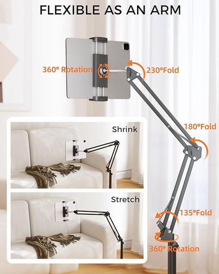 Tablet Floor Stand, 360-degree Rotatable Metal Tablet Stand Holder, Adjustable Kindle Holder, Universal Phone Stand for iPad/iPhoneX/iPad Pro or Other 4.7~12.9 Inch-Screen Devices (Black)