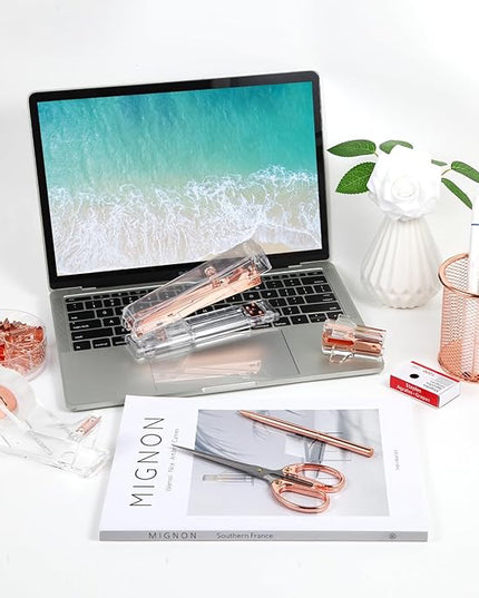 Rose Gold Desk Accessories, Office Supplies Set with Acrylic Stapler, Tape Dispenser, Staple Remover, Pen Holder, Scissor, Binder Paper Clips, 1 Ballpoint Pen, 1 Clear Tape and 1000pcs Staples