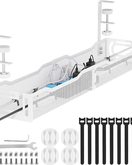 Cable Management, 25'' Cable Management Under Desk No Drill, Metal Cord Organizer with Clamp for Standing Desk, Cable Organizer for Home Office, White