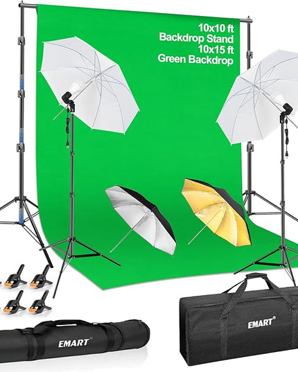EMART 10X10 FT Green Screen Backdrop Kit, Photography Umbrella with 5500K Bulbs, 10X15 FT Green Backdrop with Spring Clamps, Professional Photography Lighting kit for Studio, Portrait, Video Shooting