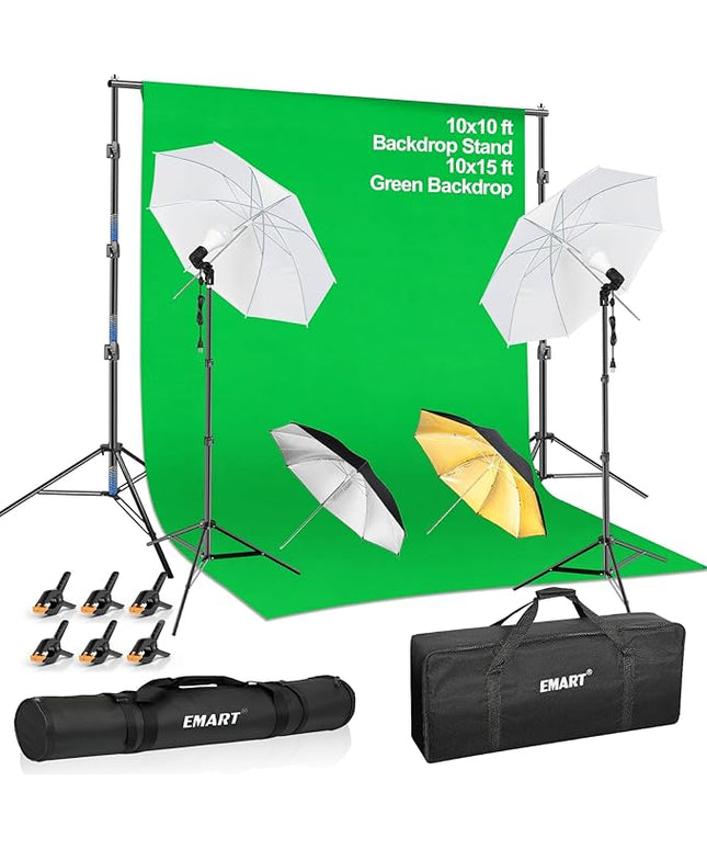 EMART 10X10 FT Green Screen Backdrop Kit, Photography Umbrella with 5500K Bulbs, 10X15 FT Green Backdrop with Spring Clamps, Professional Photography Lighting kit for Studio, Portrait, Video Shooting