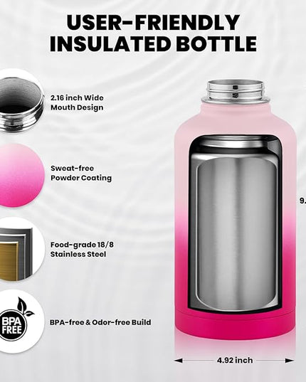Insulated Water Bottle 64 oz, Triple Wall Vacuum Stainless Steel (Cold for 48 Hrs), Leak Proof & Non-BPA, Half Gallon Water Flask Jug with Paracord Handle & Straw Spout Lids, Ombre Pink