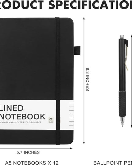 Aodaer 12 Set Lined Notebook Journals with Pens A5 Notebooks 100 GSM College Ruled Hardcover Notebook PU Leather Notepad with Pen Holder for Office School, 5.7 x 8.3 Inches, Black